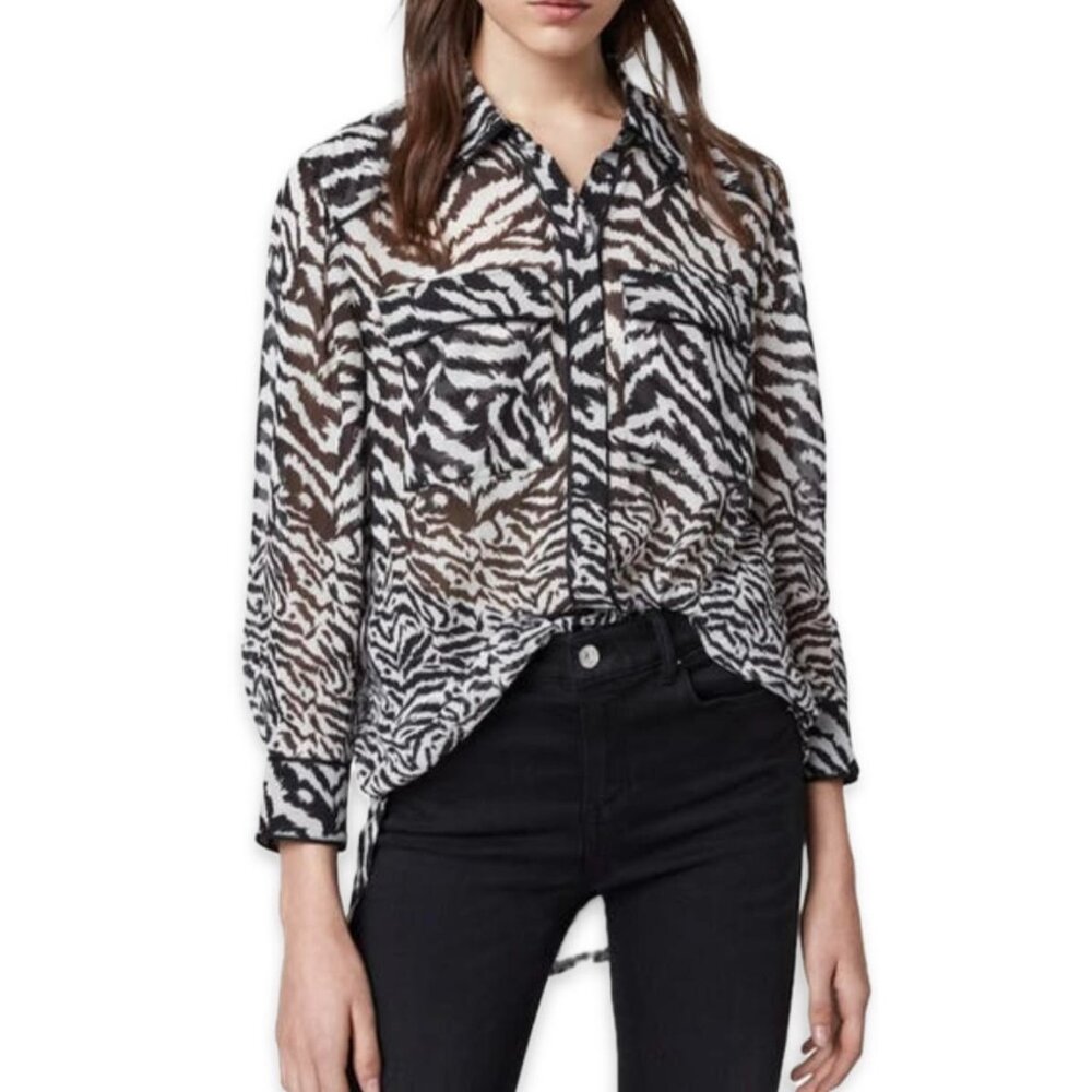 All Saints Ester Remix Zebra Animal Print Sheer Black White Womens Shirt